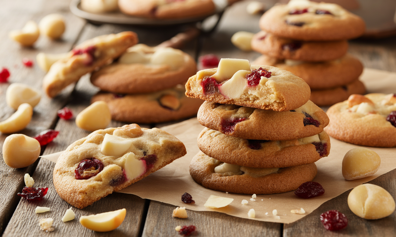 découvrez nos délicieux cookies alliant la douceur du chocolat blanc, le croquant des noix de macadamia et l'acidité des cranberries. une explosion de saveurs à chaque bouchée, idéale pour un moment de gourmandise.
