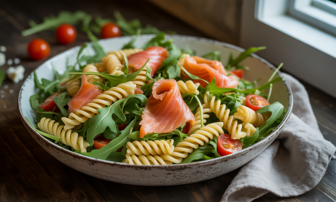 découvrez notre délicieuse salade de fusilli au saumon fumé et roquette. un plat frais et savoureux, idéal pour un déjeuner léger ou un pique-nique. savourez l'alliance parfaite entre la texture des pâtes, le goût délicat du saumon et la fraîcheur des feuilles de roquette.