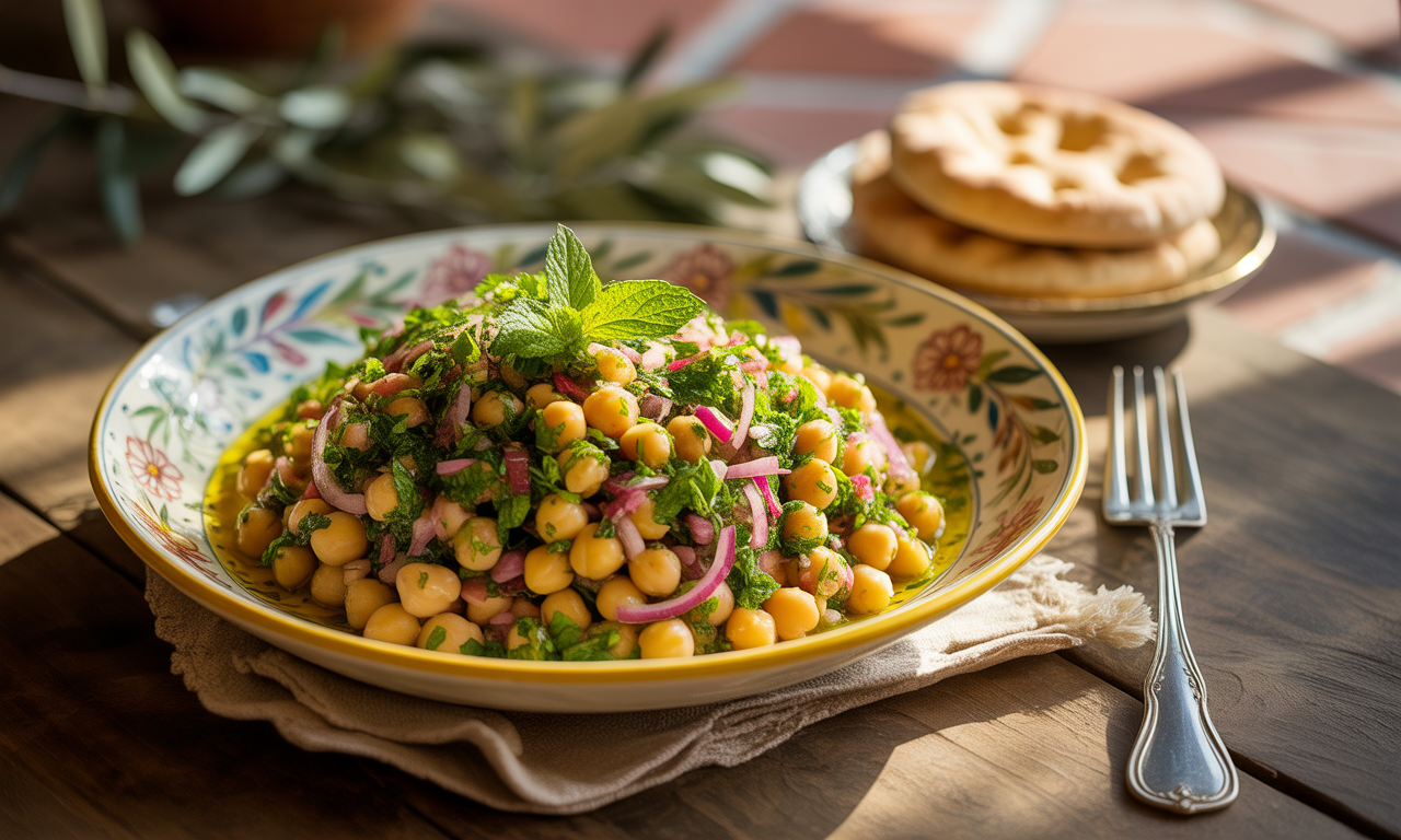 savourez une délicieuse salade libanaise aux pois chiches, un mélange frais et savoureux d'ingrédients colorés, parfait pour une entrée saine ou un accompagnement. découvrez la richesse des saveurs méditerranéennes dans chaque bouchée.